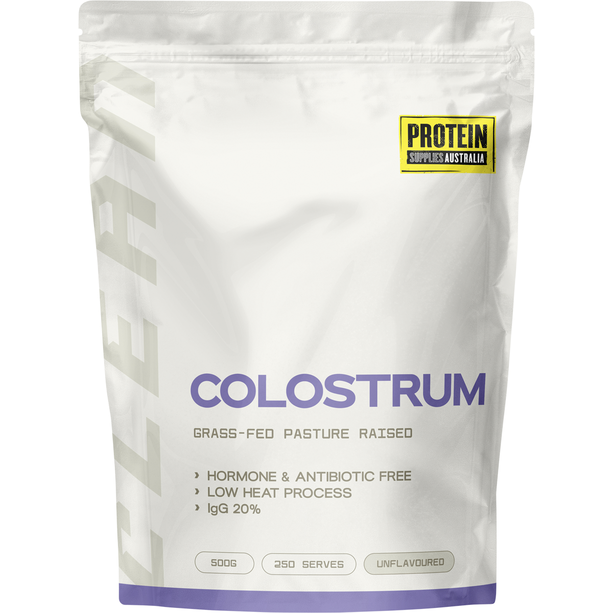 500g bag of Protein Supplies Australia Grass Fed Colostrum Unflavoured, featuring a blue and white label design.
