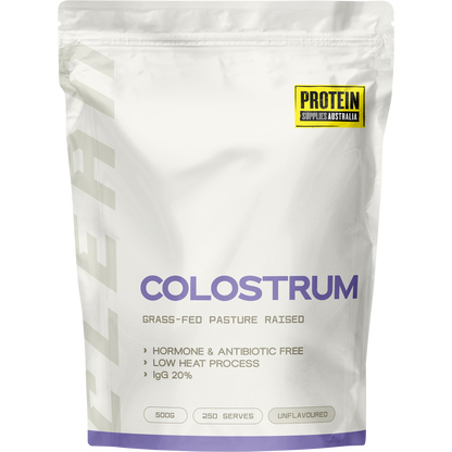 500g bag of Protein Supplies Australia Grass Fed Colostrum Unflavoured, featuring a blue and white label design.