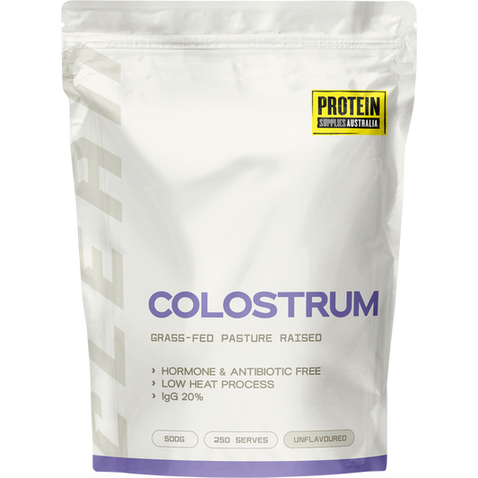 500g bag of Protein Supplies Australia Grass Fed Colostrum Unflavoured, featuring a blue and white label design.