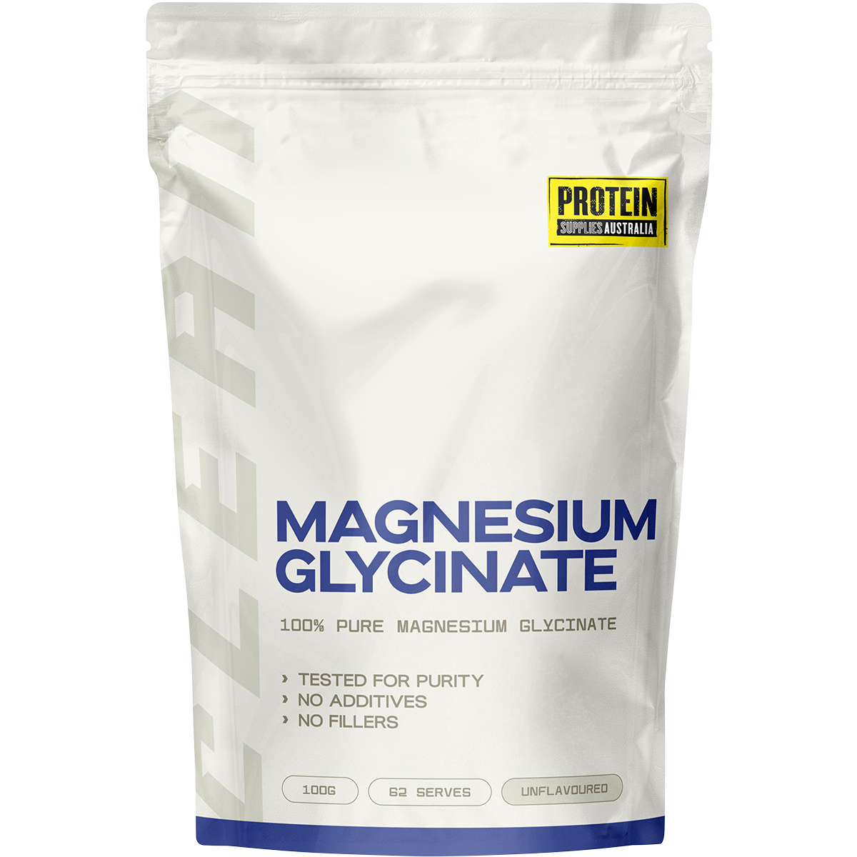 100g pouch of Protein Supplies Australia Magnesium Glycinate 100% pure powder on a white background.