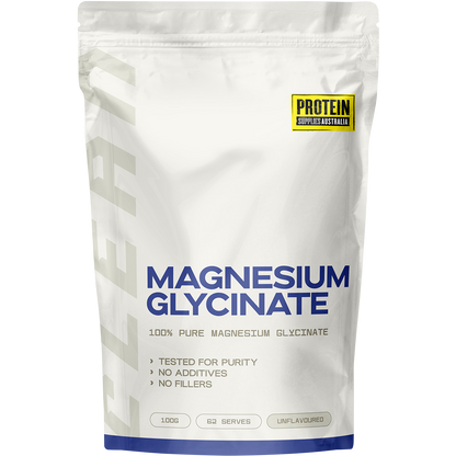 100g pouch of Protein Supplies Australia Magnesium Glycinate 100% pure powder on a white background.