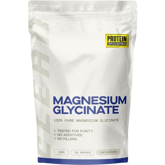 100g pouch of Protein Supplies Australia Magnesium Glycinate 100% pure powder on a white background.