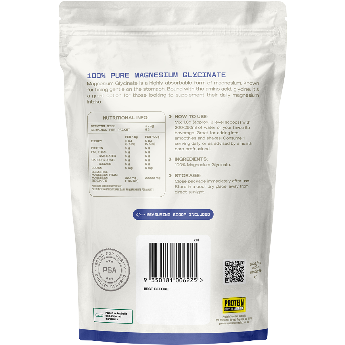 Back of 100g pouch of Protein Supplies Australia Magnesium Glycinate powder with nutritional and ingredient information.