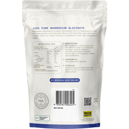 Back of 100g pouch of Protein Supplies Australia Magnesium Glycinate powder with nutritional and ingredient information.