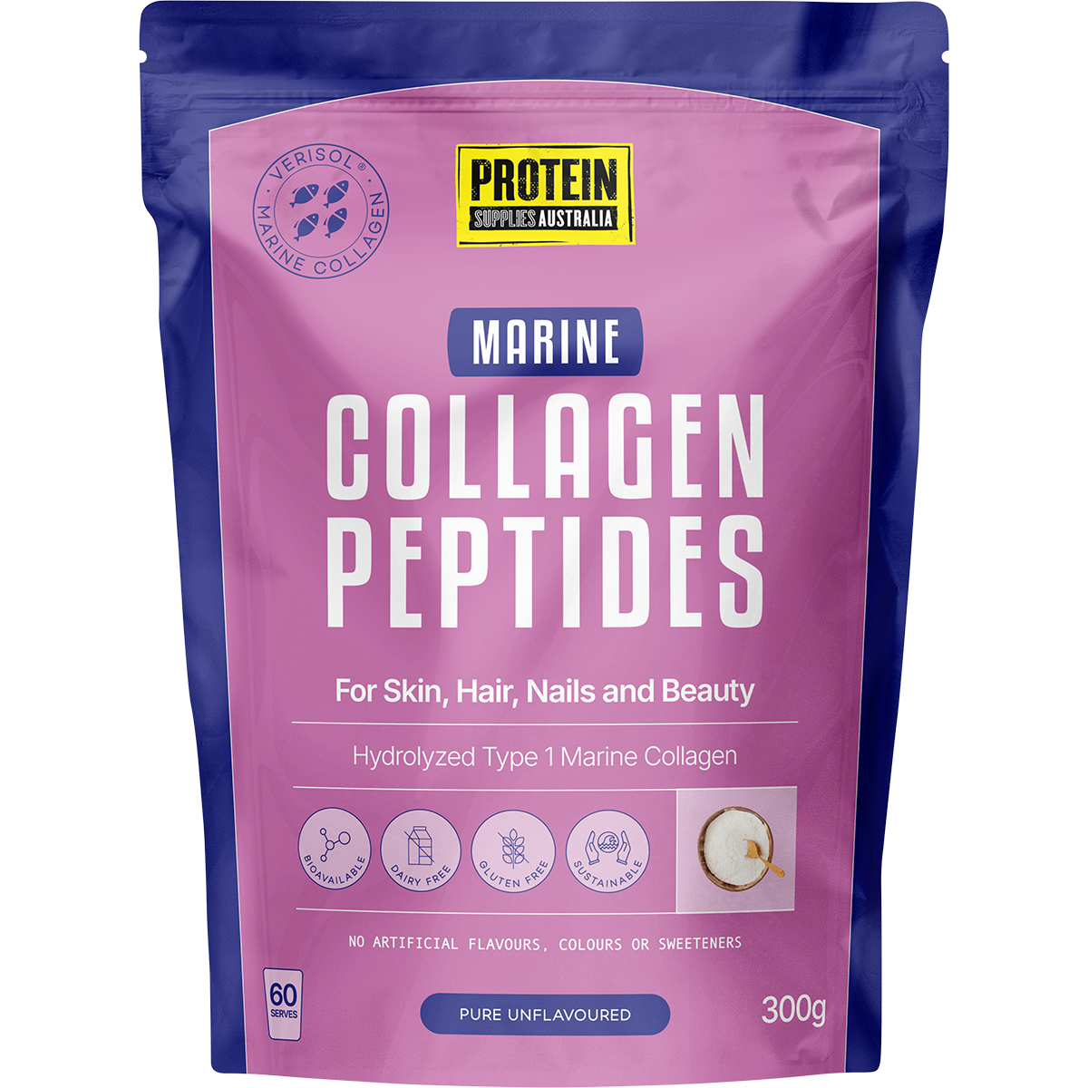 A 300g stand-up pouch of Protein Supplies Australia Marine Collagen Peptides, featuring a pink and purple design with white text.