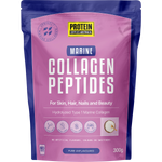A 300g stand-up pouch of Protein Supplies Australia Marine Collagen Peptides, featuring a pink and purple design with white text.