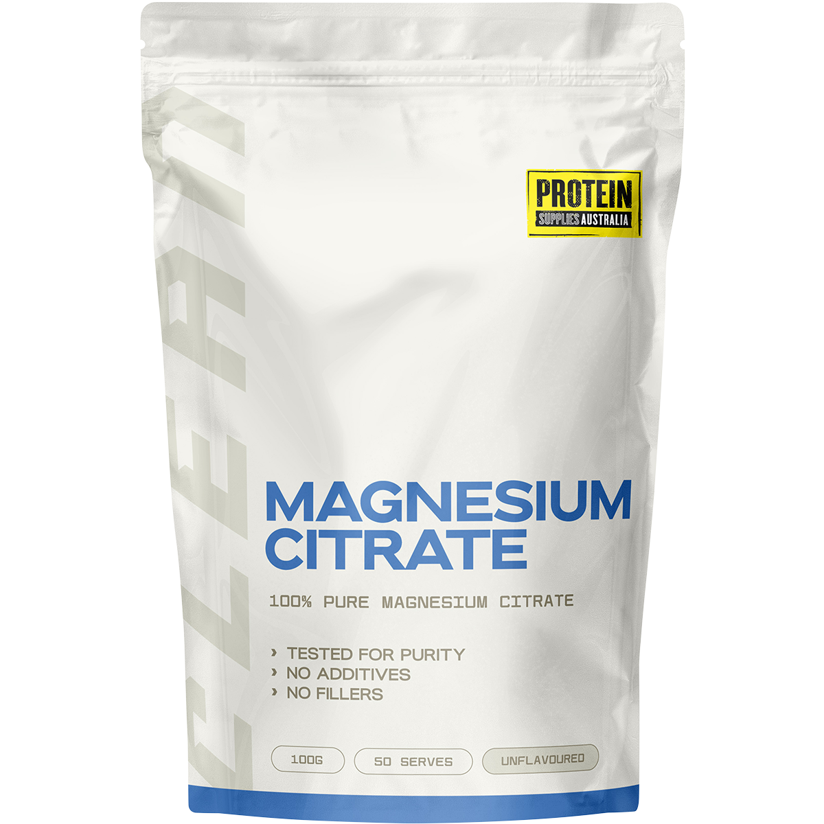 100g pouch of Protein Supplies Australia Magnesium Citrate 100% pure unflavoured powder.