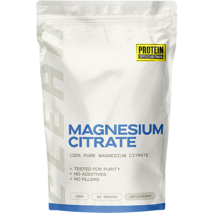 100g pouch of Protein Supplies Australia Magnesium Citrate 100% pure unflavoured powder.