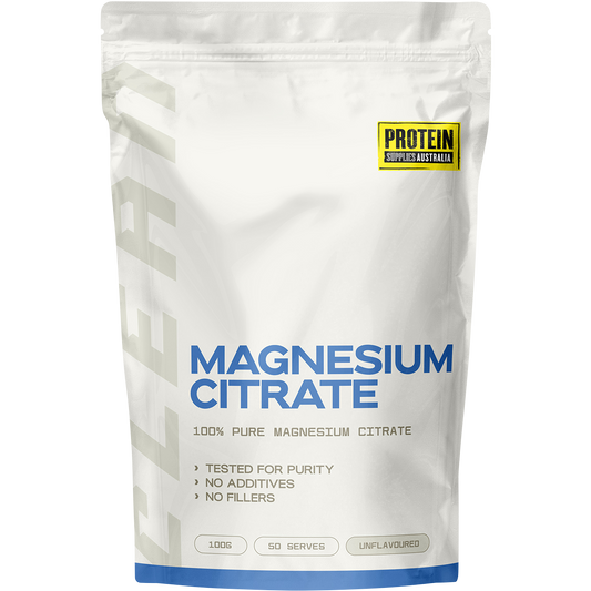 100g pouch of Protein Supplies Australia Magnesium Citrate 100% pure unflavoured powder.
