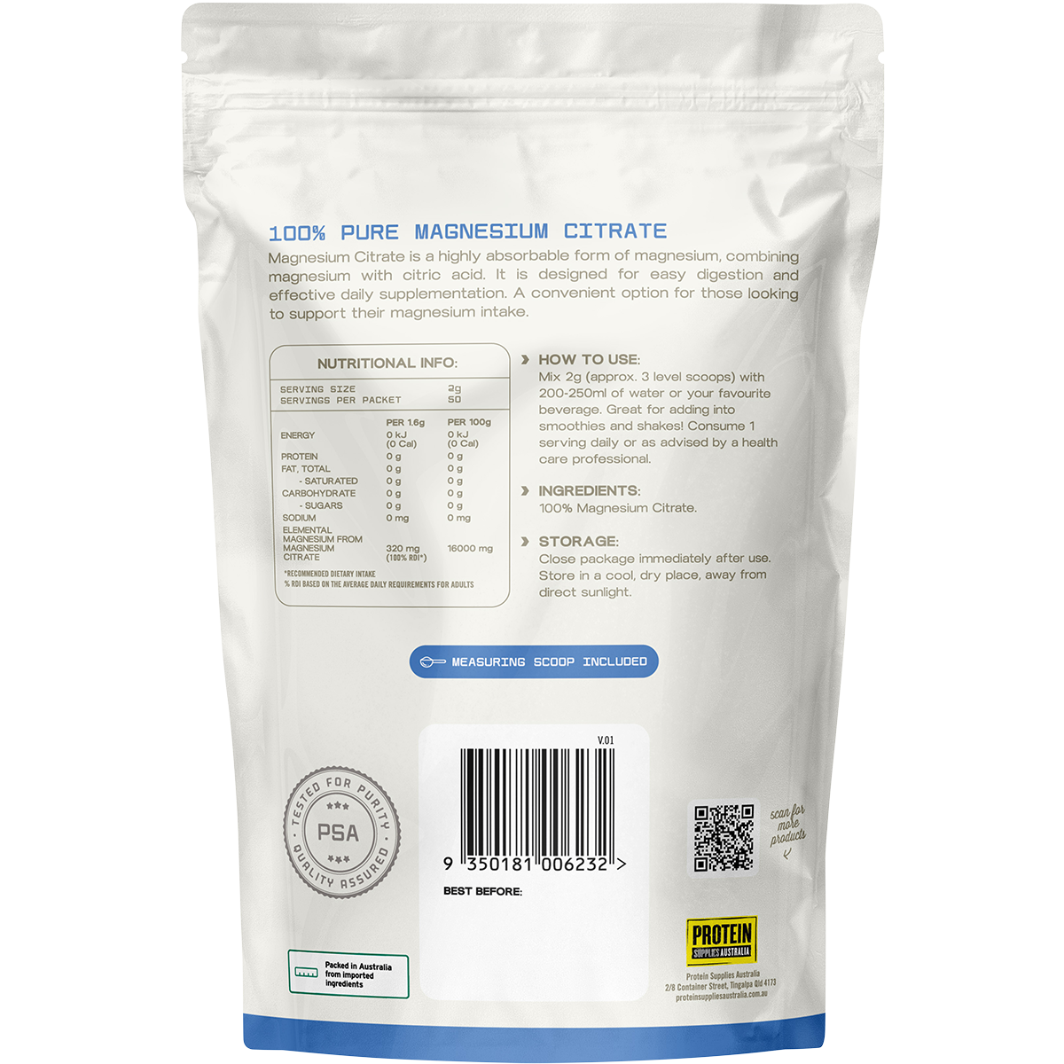 Back of a 100g Protein Supplies Australia Magnesium Citrate pouch with nutritional information and directions.