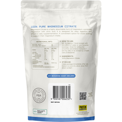 Back of a 100g Protein Supplies Australia Magnesium Citrate pouch with nutritional information and directions.