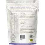 The back of a Protein Supplies Australia Grass Fed Colostrum 500g bag, showing nutritional facts and directions for use.