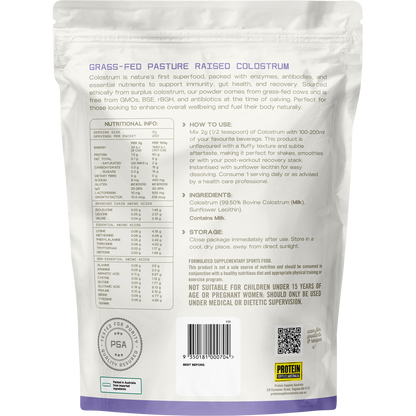 The back of a Protein Supplies Australia Grass Fed Colostrum 500g bag, showing nutritional facts and directions for use.