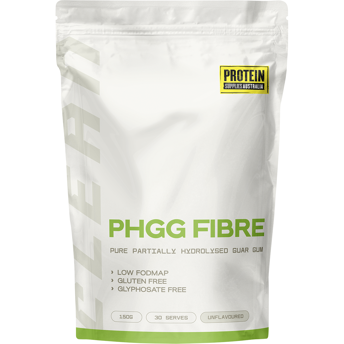 150g tub of Protein Supplies Australia PHGG Fibre Unflavoured, a soluble prebiotic powder for gut health.