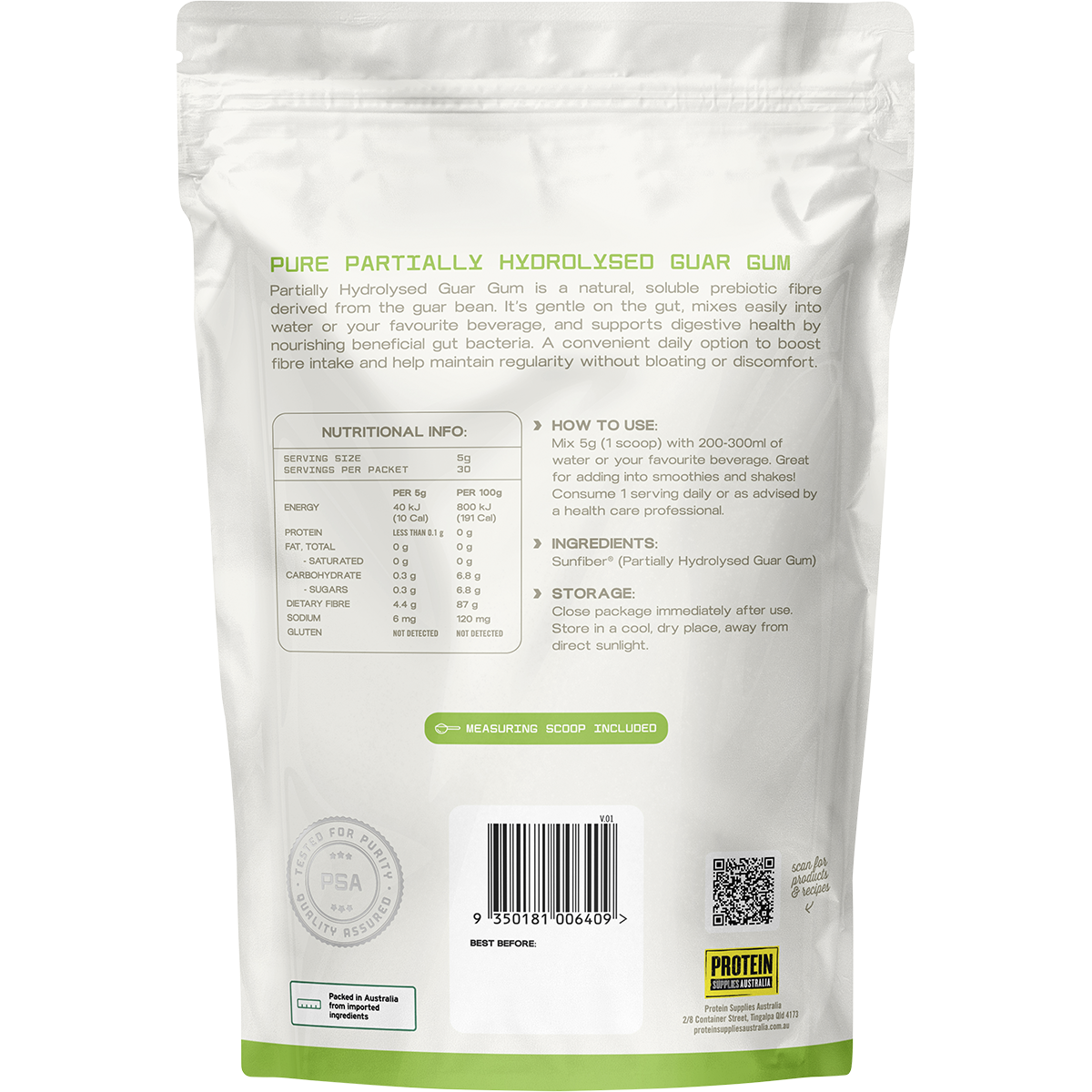 Back of the 150g Protein Supplies Australia PHGG Fibre tub showing directions, ingredients, and nutrition information.
