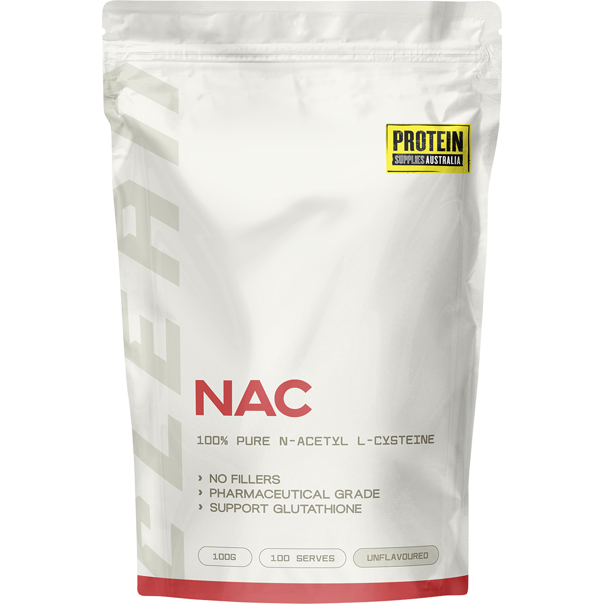 100g tub of Protein Supplies Australia NAC Unflavoured powder, a vegan-friendly N-Acetyl L-Cysteine supplement.