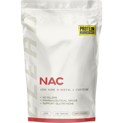 100g tub of Protein Supplies Australia NAC Unflavoured powder, a vegan-friendly N-Acetyl L-Cysteine supplement.