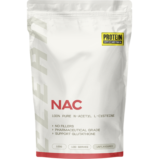 100g tub of Protein Supplies Australia NAC Unflavoured powder, a vegan-friendly N-Acetyl L-Cysteine supplement.