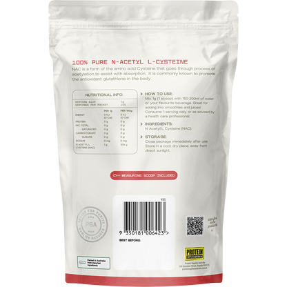 Rear view of a 100g tub of Protein Supplies Australia NAC Unflavoured powder showing directions and product information.
