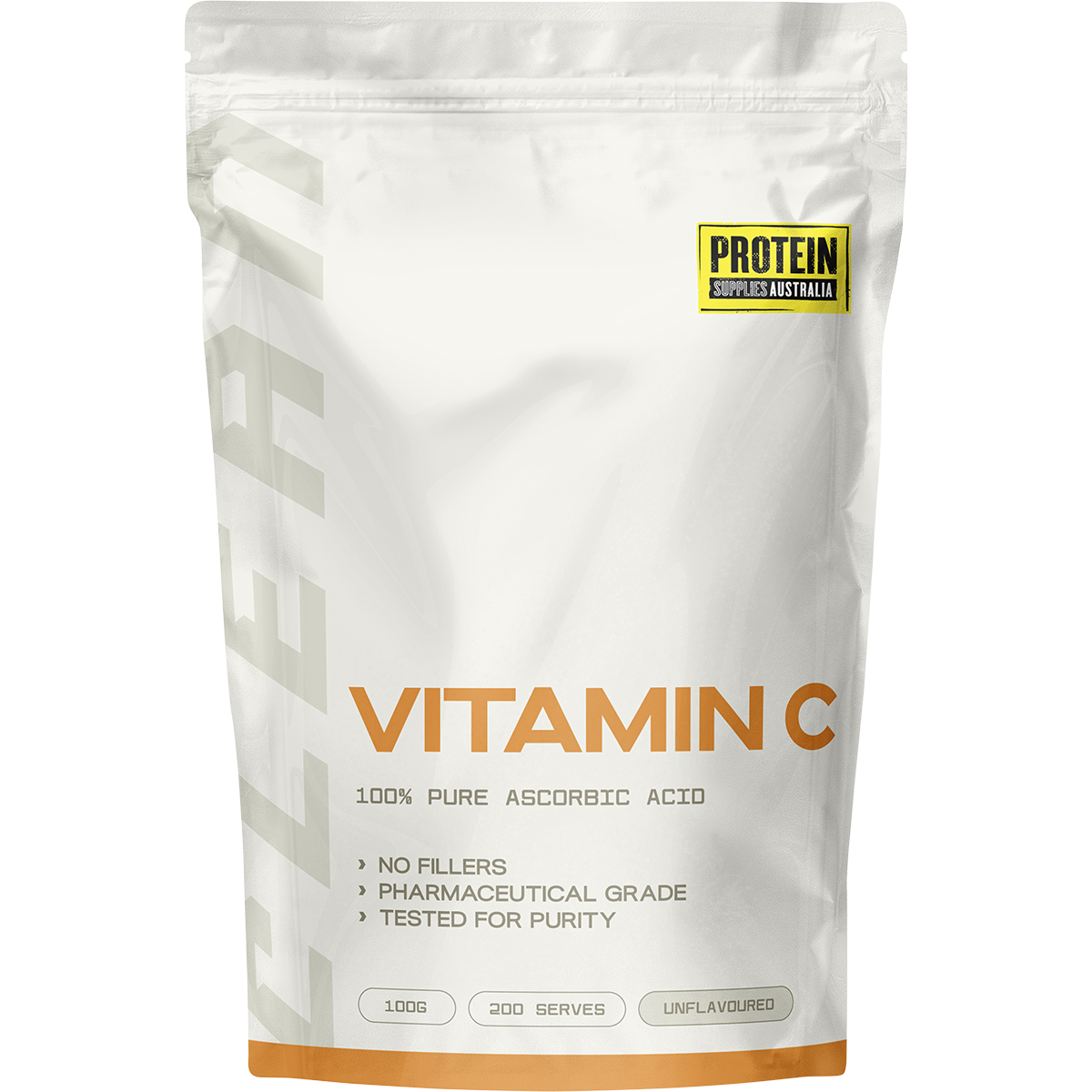 100g pouch of Protein Supplies Australia Vitamin C Unflavoured powder with a green and white label.