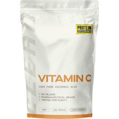 100g pouch of Protein Supplies Australia Vitamin C Unflavoured powder with a green and white label.