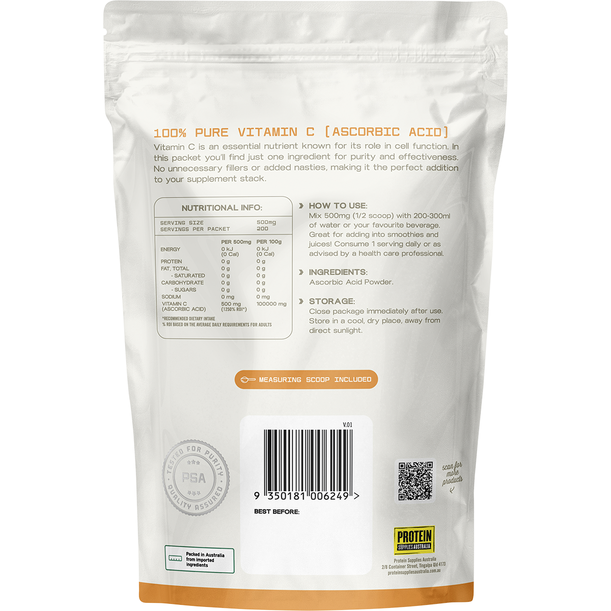 The back of a Protein Supplies Australia Vitamin C 100g pouch featuring nutritional information and directions.