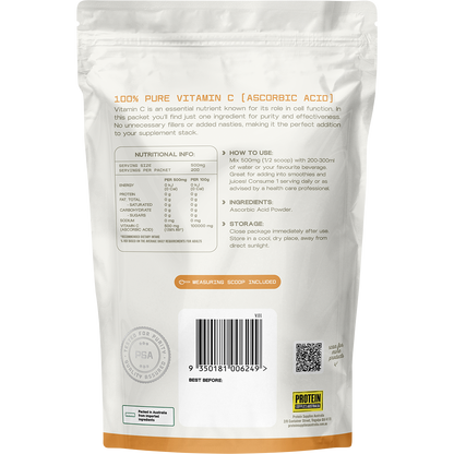 The back of a Protein Supplies Australia Vitamin C 100g pouch featuring nutritional information and directions.