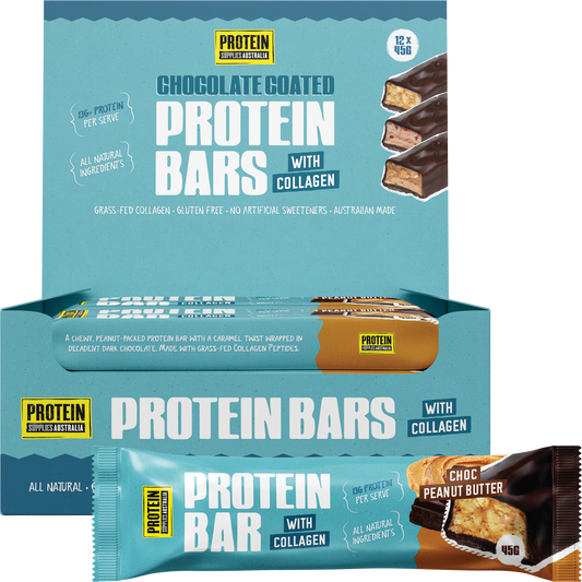 Protein Supplies Australia Choc Peanut Butter Protein Bar with Collagen front and back packaging with loose bar pieces.