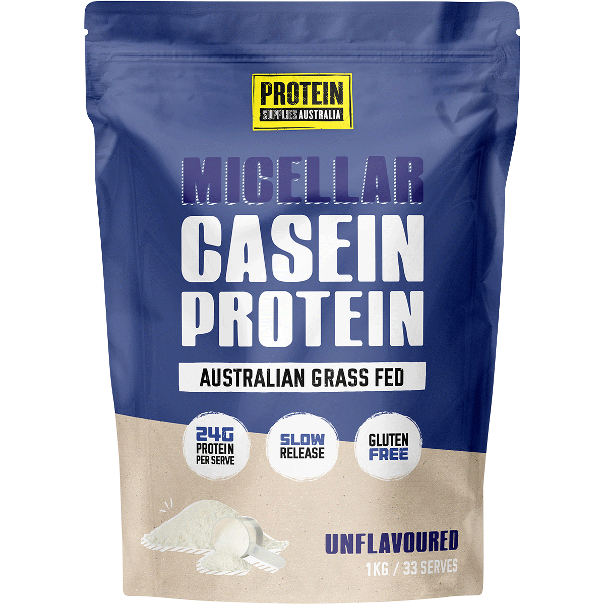 1kg bag of Protein Supplies Australia Micellar Casein Protein in unflavoured, featuring a blue and white label.