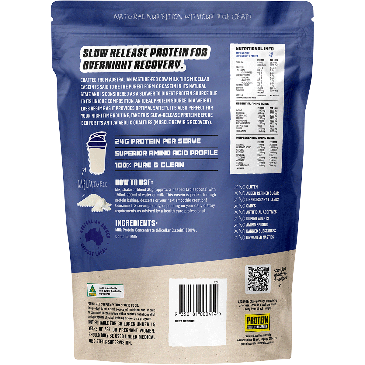 Rear of 1kg Protein Supplies Australia Micellar Casein bag with nutritional information and ingredients.
