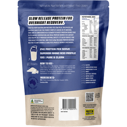 Rear of 1kg Protein Supplies Australia Micellar Casein bag with nutritional information and ingredients.