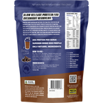 Back of a 1kg chocolate micellar casein protein tub showing nutritional info and ingredients on a white background.