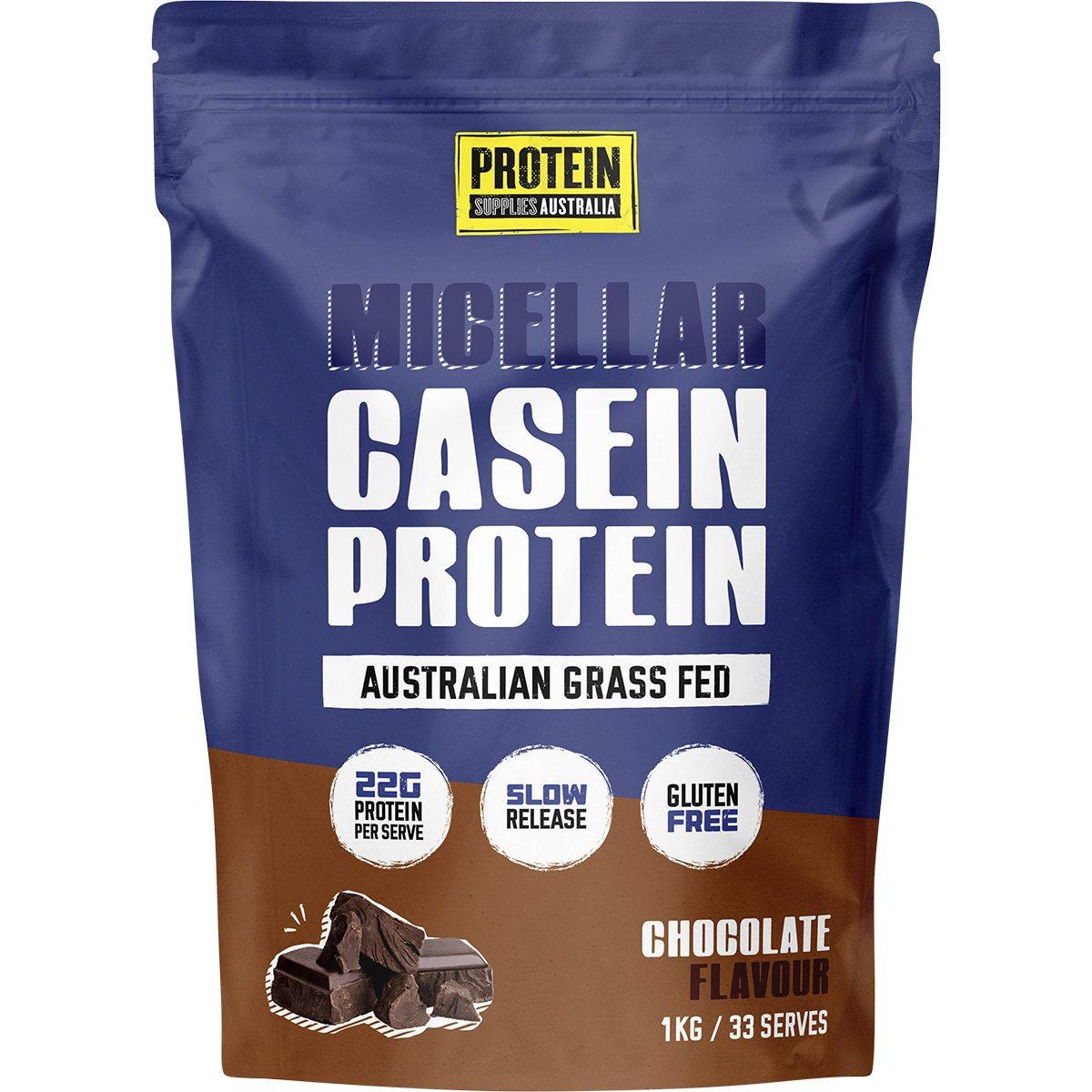 1kg tub of Protein Supplies Australia Micellar Casein Protein in chocolate flavour.