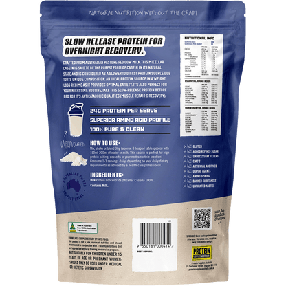 Back of Protein Supplies Australia Micellar Casein Protein Vanilla 1kg tub showing nutritional information.