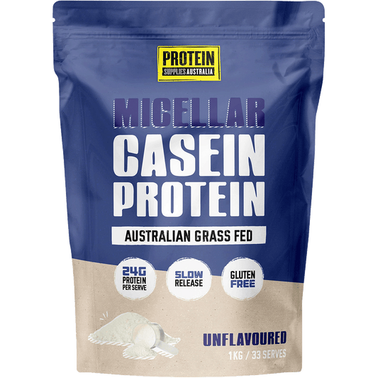 1kg tub of Protein Supplies Australia Micellar Casein Protein in Vanilla flavor.