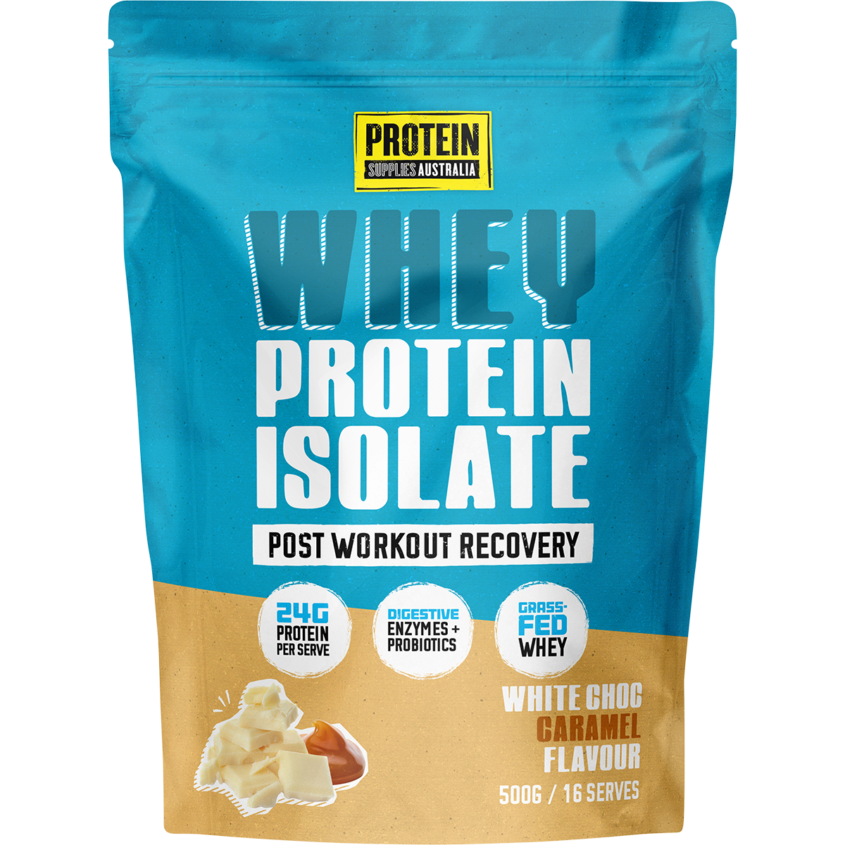 A 500g stand-up pouch of Protein Supplies Australia Whey Protein Isolate in White Choc Garamel Flavour. The packaging features a bright blue top half and a beige bottom half, with white text and illustrations of chocolate chunks and a caramel nut.