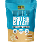 A 500g stand-up pouch of Protein Supplies Australia Whey Protein Isolate in White Choc Garamel Flavour. The packaging features a bright blue top half and a beige bottom half, with white text and illustrations of chocolate chunks and a caramel nut.