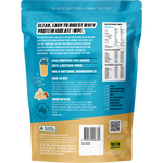 Back view of a 24g protein powder pouch in blue and beige packaging, showing nutrition facts, ingredients, and usage instructions.