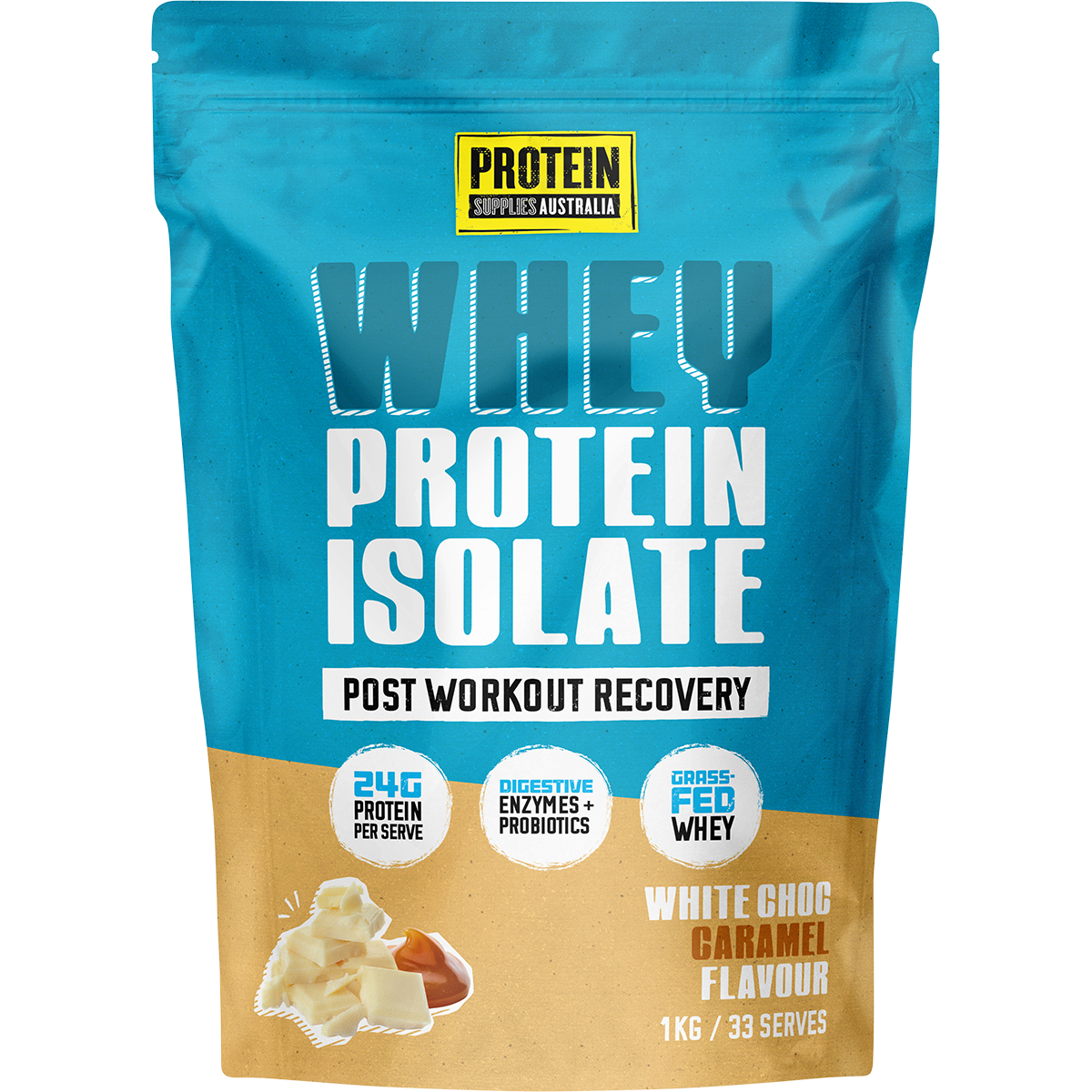 A 1kg stand-up pouch of Protein Supplements Australian Whey Protein Isolate in White Choc Caramel Flavour. The packaging features a bright blue top half and a tan bottom half, with white and blue text, and an illustration of chocolate and protein powder.