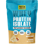 A 1kg stand-up pouch of Protein Supplements Australian Whey Protein Isolate in White Choc Caramel Flavour. The packaging features a bright blue top half and a tan bottom half, with white and blue text, and an illustration of chocolate and protein powder.