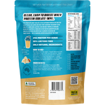 Back view of a whey protein isolate powder bag showing product information, ingredients, usage, and a barcode on a white background.