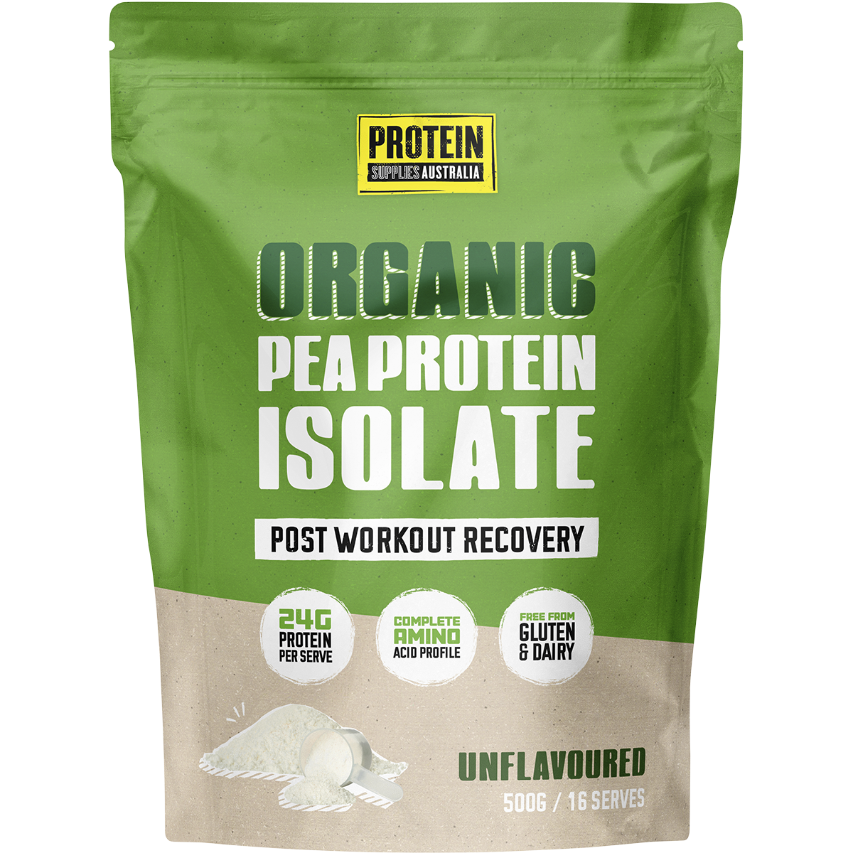 500g tub of Protein Supplies Australia Pea Protein Isolate Unflavoured on a white background.