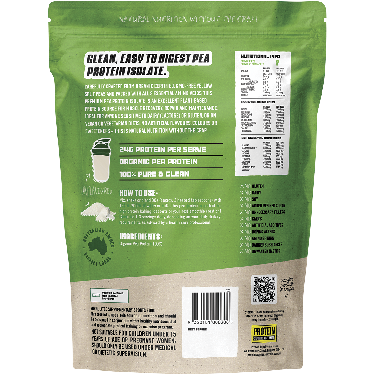 The back of a 500g tub of Protein Supplies Australia Pea Protein Isolate with nutritional and ingredient information.