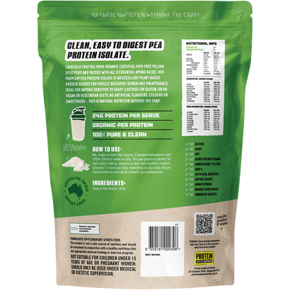 The back of a 500g tub of Protein Supplies Australia Pea Protein Isolate with nutritional and ingredient information.