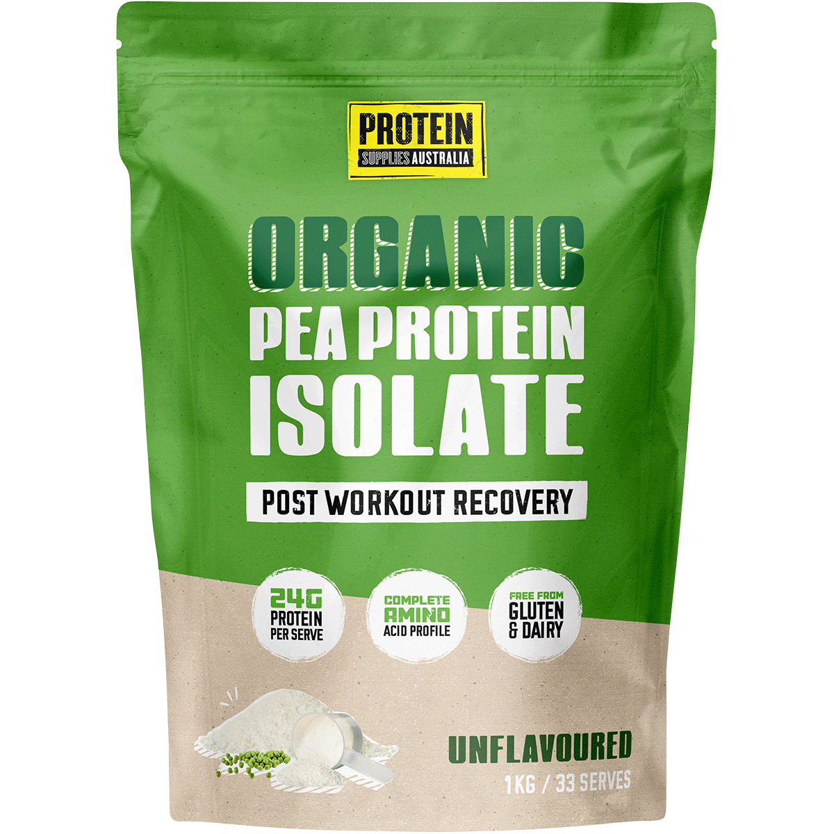 1kg bag of Protein Supplies Australia Unflavoured Pea Protein Isolate with a green and white label.