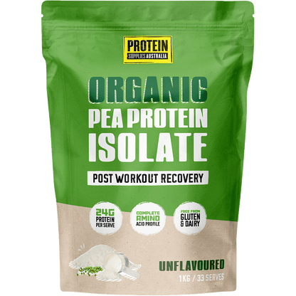 1kg bag of Protein Supplies Australia Unflavoured Pea Protein Isolate with a green and white label.