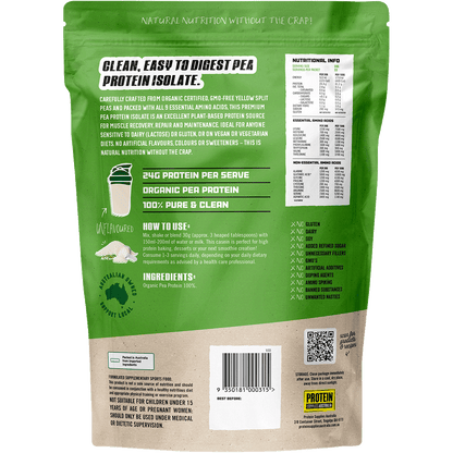 Rear view of a 1kg bag of Protein Supplies Australia Unflavoured Pea Protein Isolate showing nutritional information.