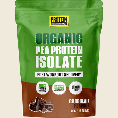 500g bag of Protein Supplies Australia Pea Protein Isolate Chocolate with organic cacao on a white background.