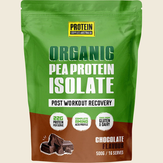 500g bag of Protein Supplies Australia Pea Protein Isolate Chocolate with organic cacao on a white background.