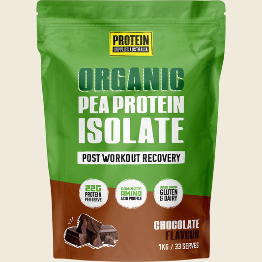 1kg tub of Protein Supplies Australia Pea Protein Isolate Chocolate on a white background.